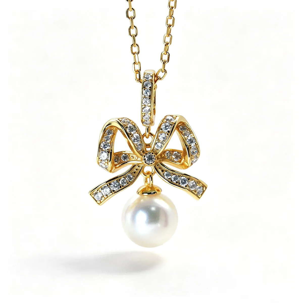 CP003608 S925 Silver 18K Gold Freshwater Pearl Romantic Bow Necklace/ Pearl 8.0mm