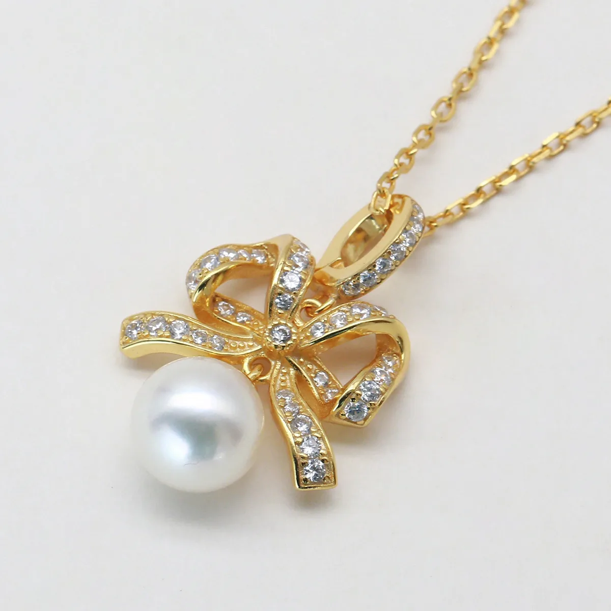 CP003608 S925 Silver 18K Gold Freshwater Pearl Romantic Bow Necklace/ Pearl 8.0mm