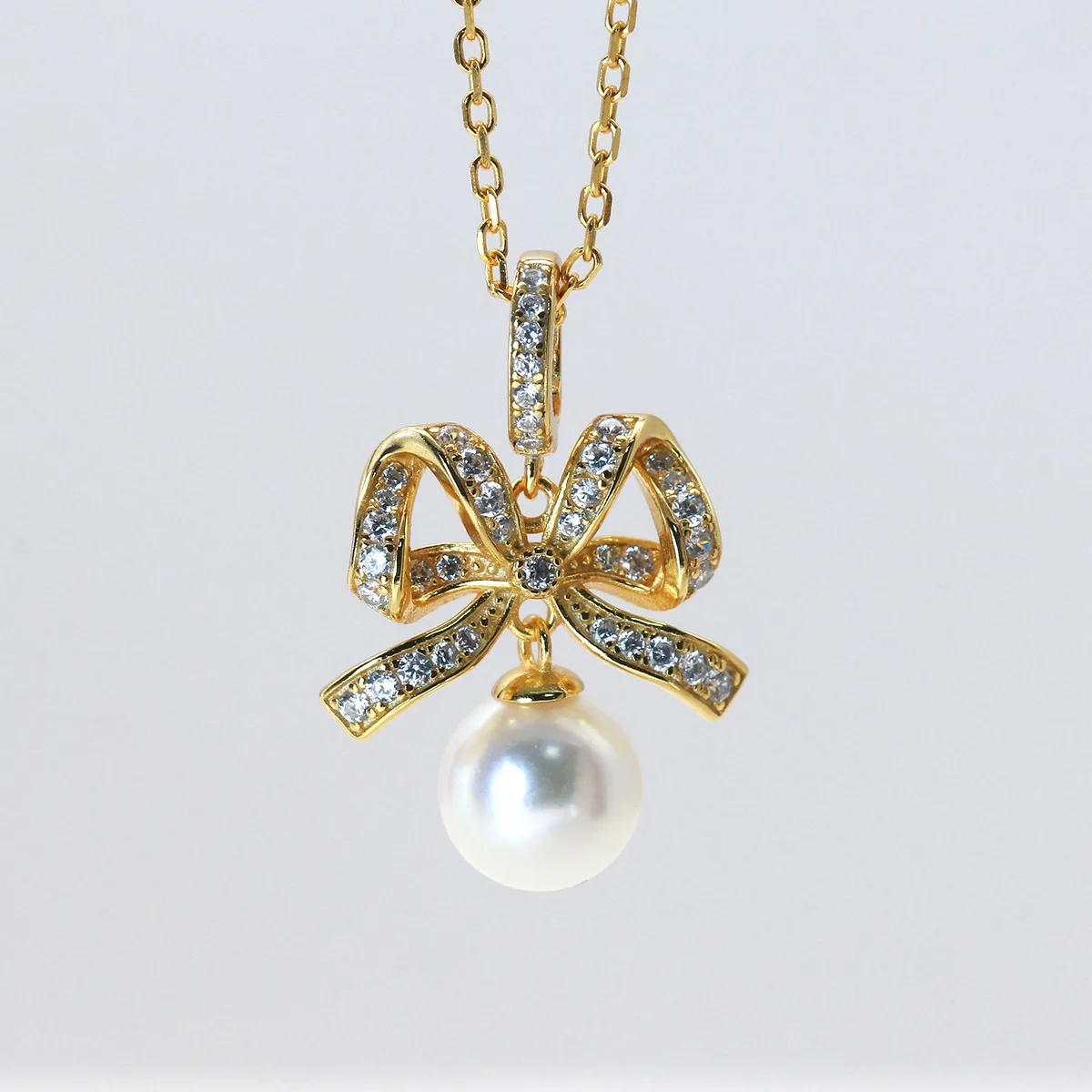 CP003608 S925 Silver 18K Gold Freshwater Pearl Romantic Bow Necklace/ Pearl 8.0mm
