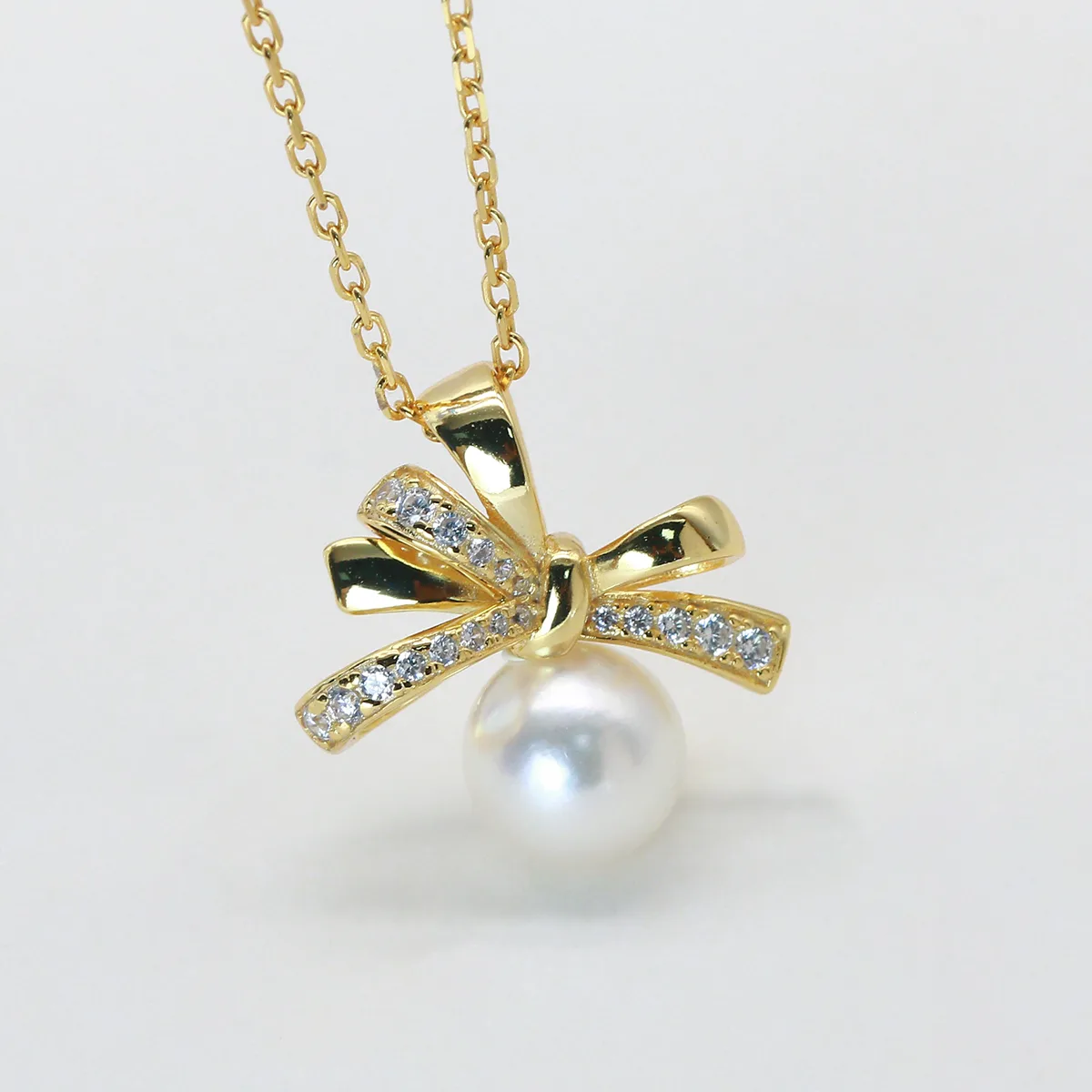 ICP001818 S925 Silver 18K Gold Freshwater Pearl Light Luxury Bow Necklace/ Pearl 7.0mm
