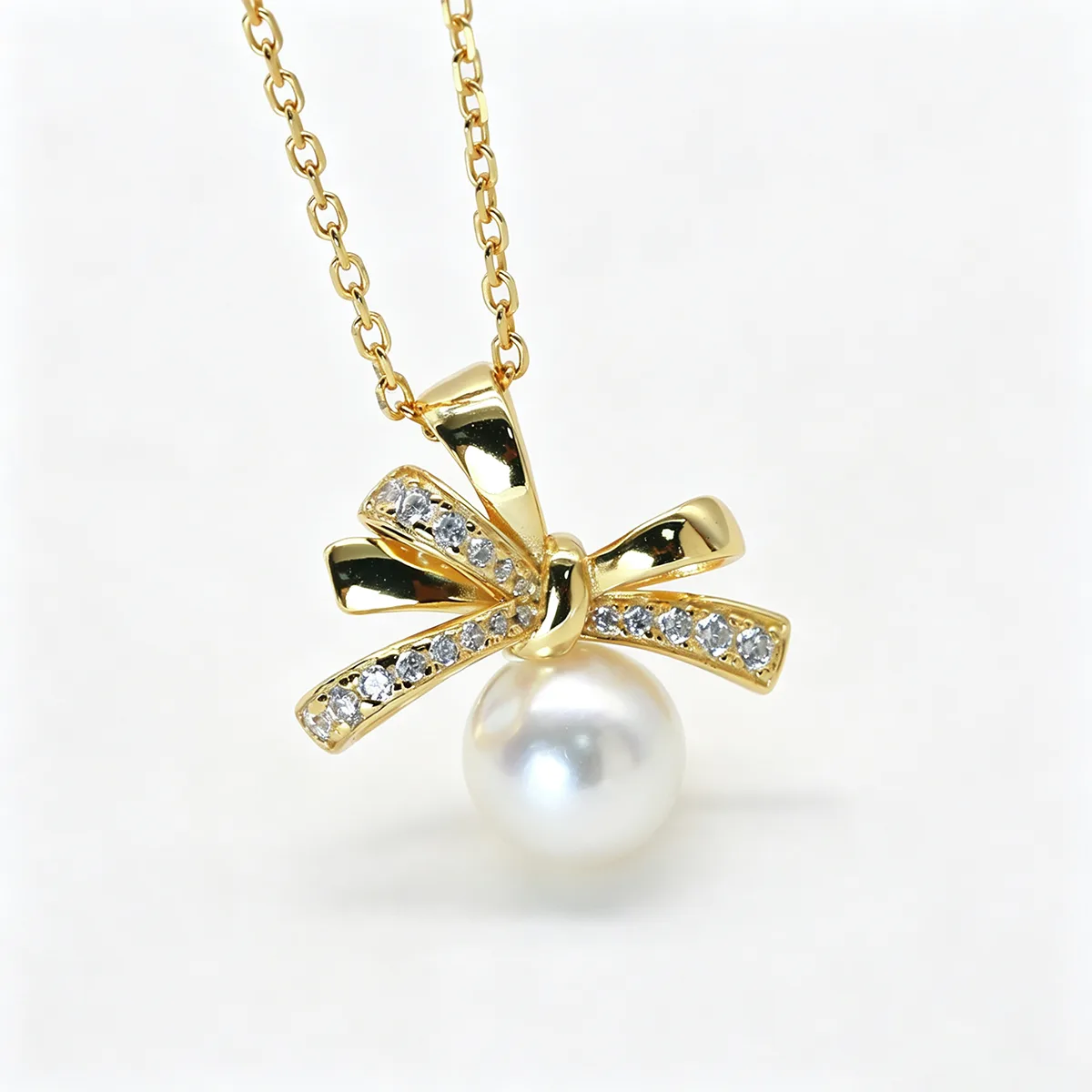 ICP001818 S925 Silver 18K Gold Freshwater Pearl Light Luxury Bow Necklace/ Pearl 7.0mm