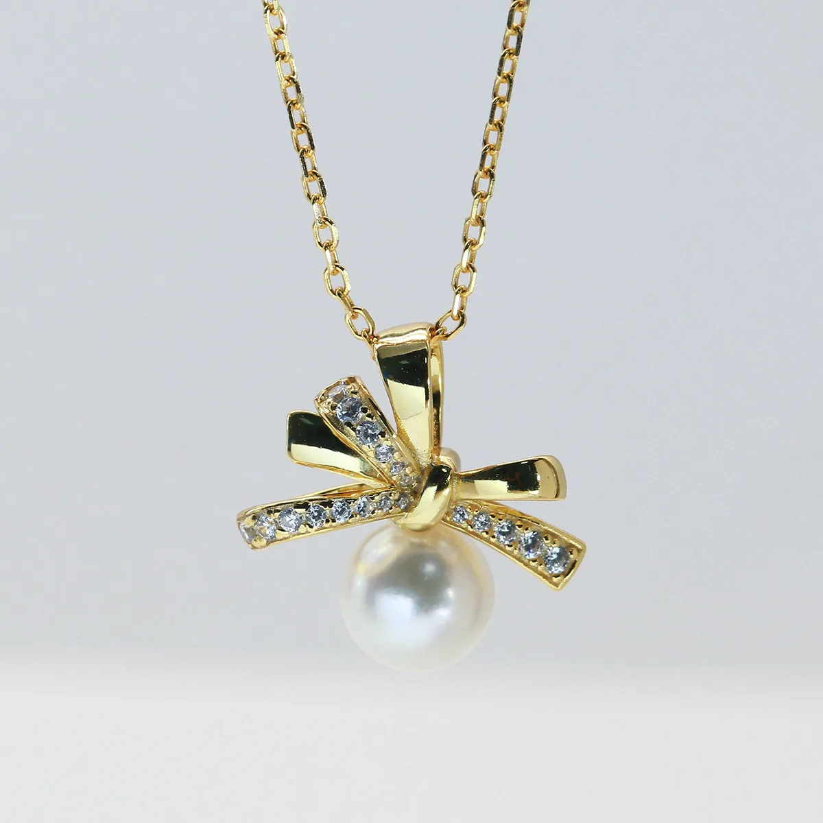 ICP001818 S925 Silver 18K Gold Freshwater Pearl Light Luxury Bow Necklace/ Pearl 7.0mm