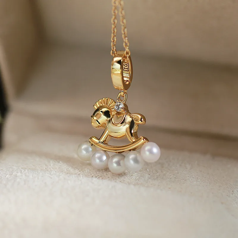 CP003672 S925 Silver 18K Gold Freshwater Pearl Horse Necklace/ Pearl 4.5mm
