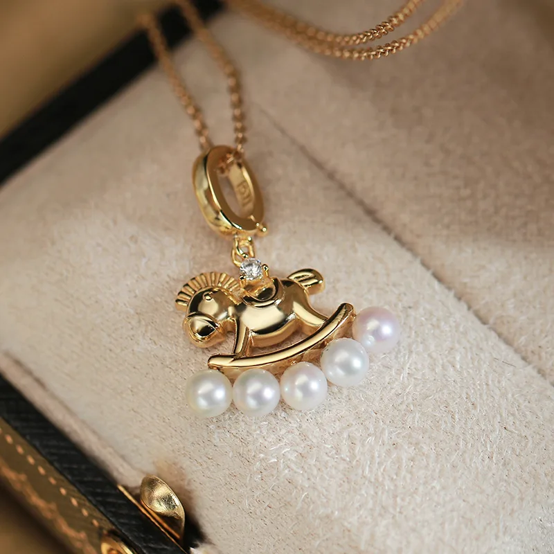 CP003672 S925 Silver 18K Gold Freshwater Pearl Horse Necklace/ Pearl 4.5mm