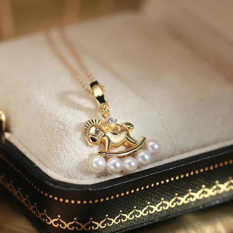 CP003672 S925 Silver 18K Gold Freshwater Pearl Horse Necklace/ Pearl 4.5mm