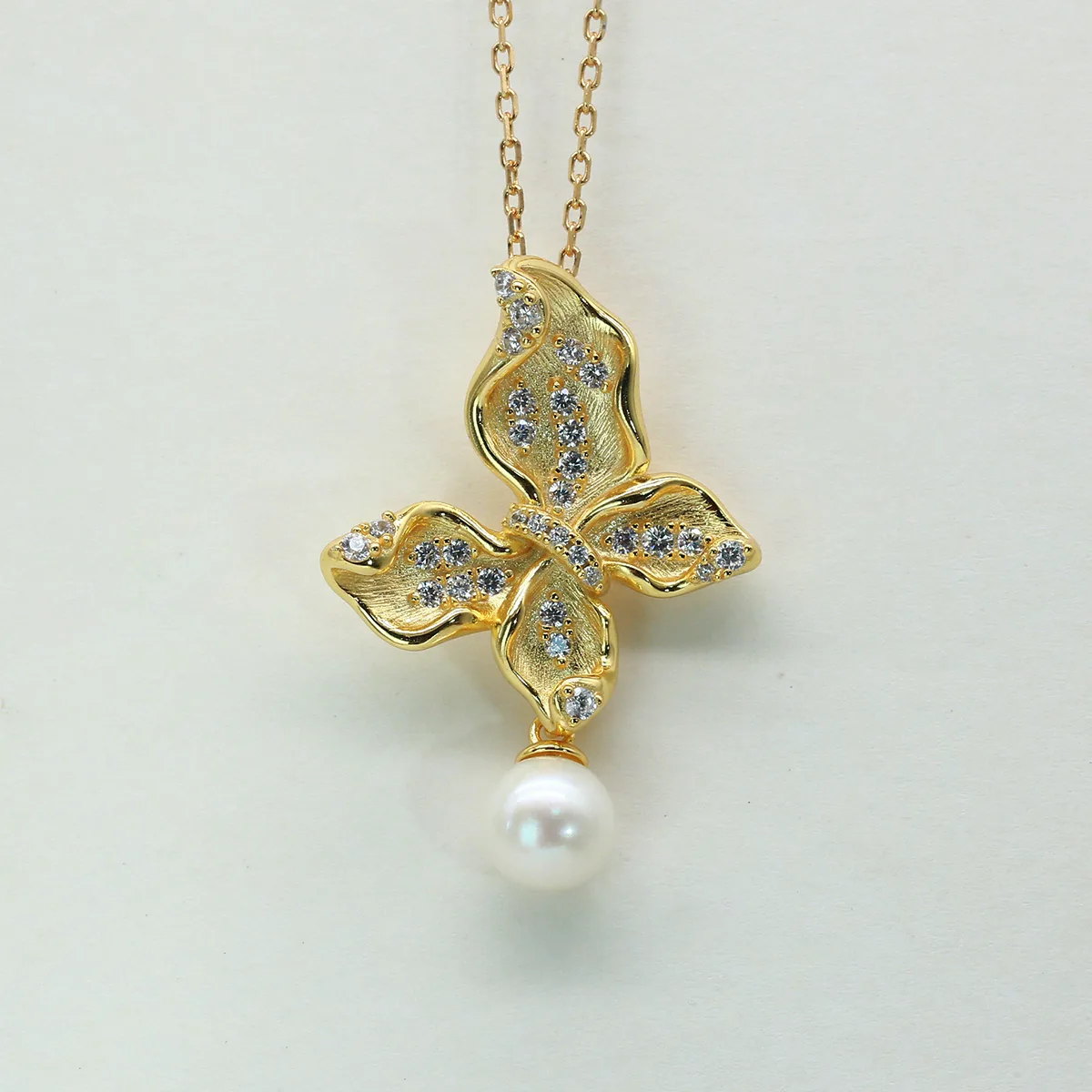 CP003869 S925 Silver 18K Gold Freshwater Pearl Light Luxury Butterfly Necklace/ Pearl 7.0mm