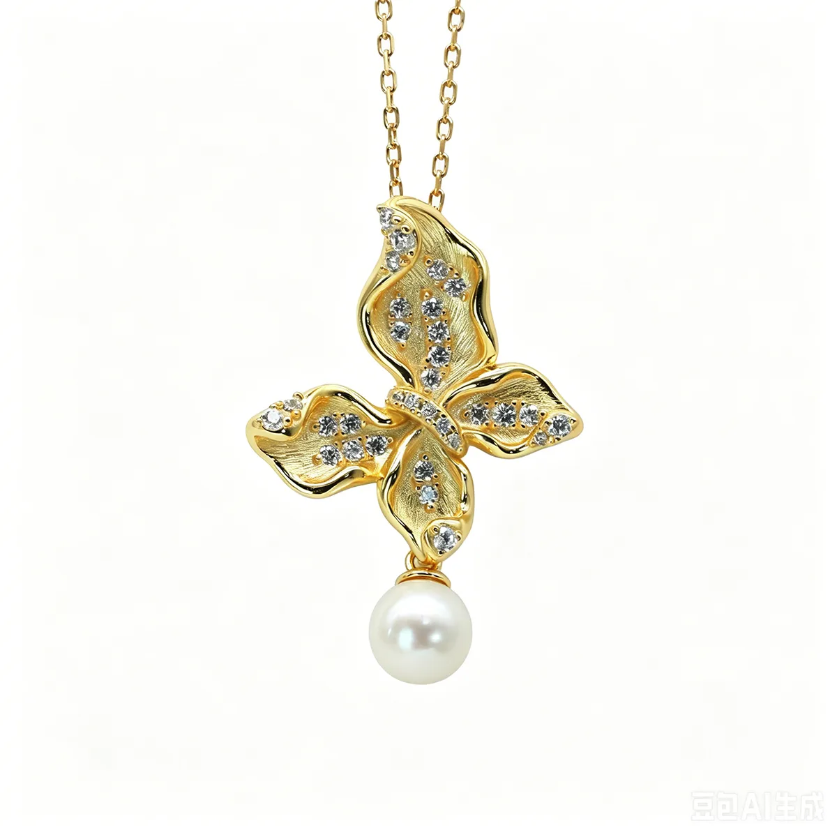 CP003869 S925 Silver 18K Gold Freshwater Pearl Light Luxury Butterfly Necklace/ Pearl 7.0mm
