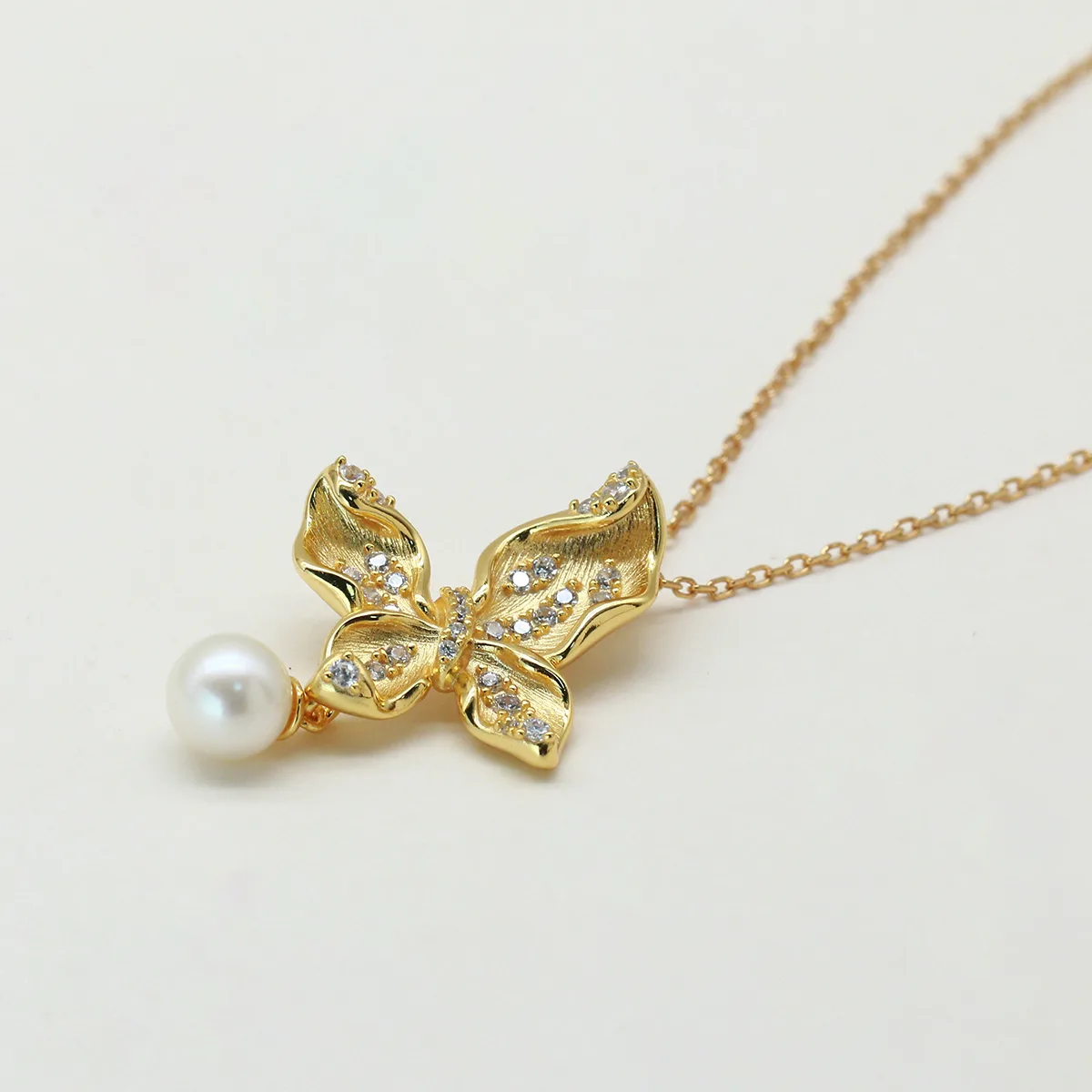 CP003869 S925 Silver 18K Gold Freshwater Pearl Light Luxury Butterfly Necklace/ Pearl 7.0mm