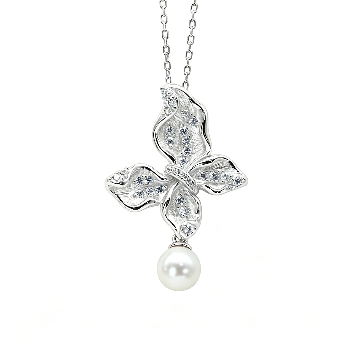 CP003869 S925 Silver 18K Gold Freshwater Pearl Light Luxury Butterfly Necklace/ Pearl 7.0mm