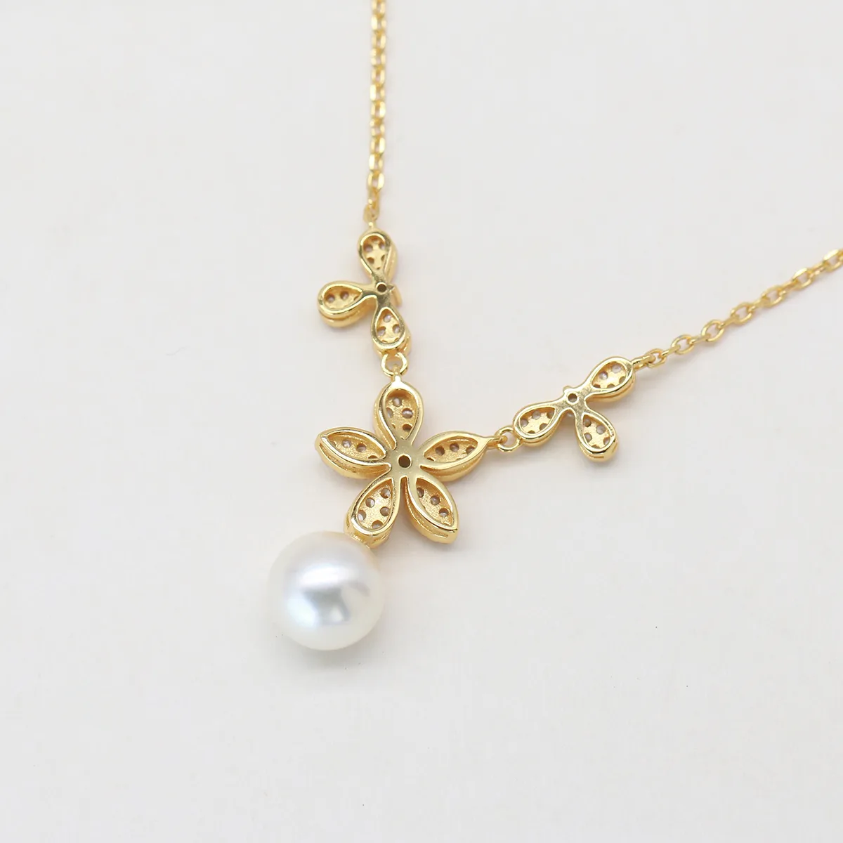 CN002080 S925 Silver 18K Gold Freshwater Pearl Flower Necklace/ Pearl 8.0mm