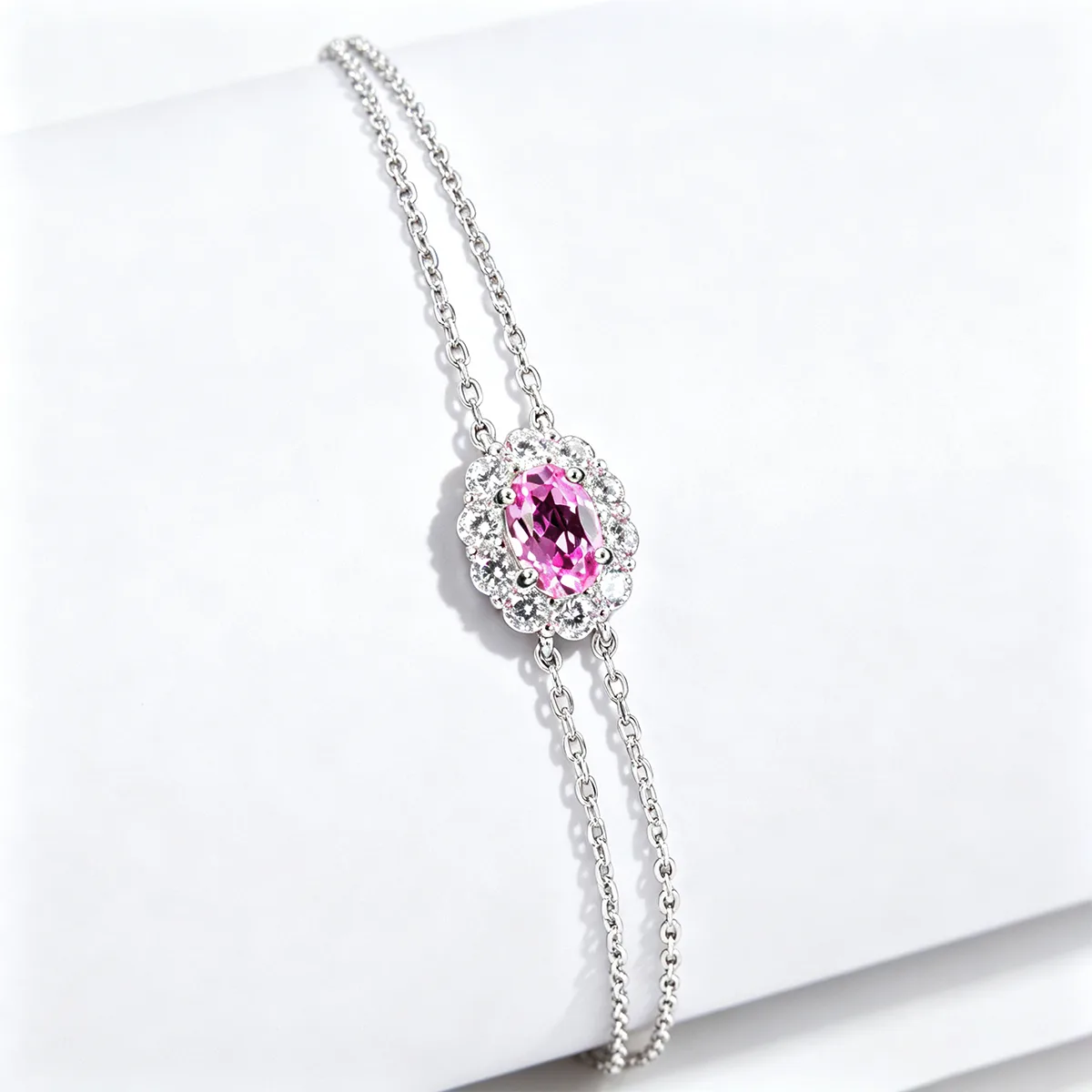 L202601 S925 Silver 18K White Gold Oval Lab-Grown Gemstone Chain Bracelet Center Stone 6*4mm