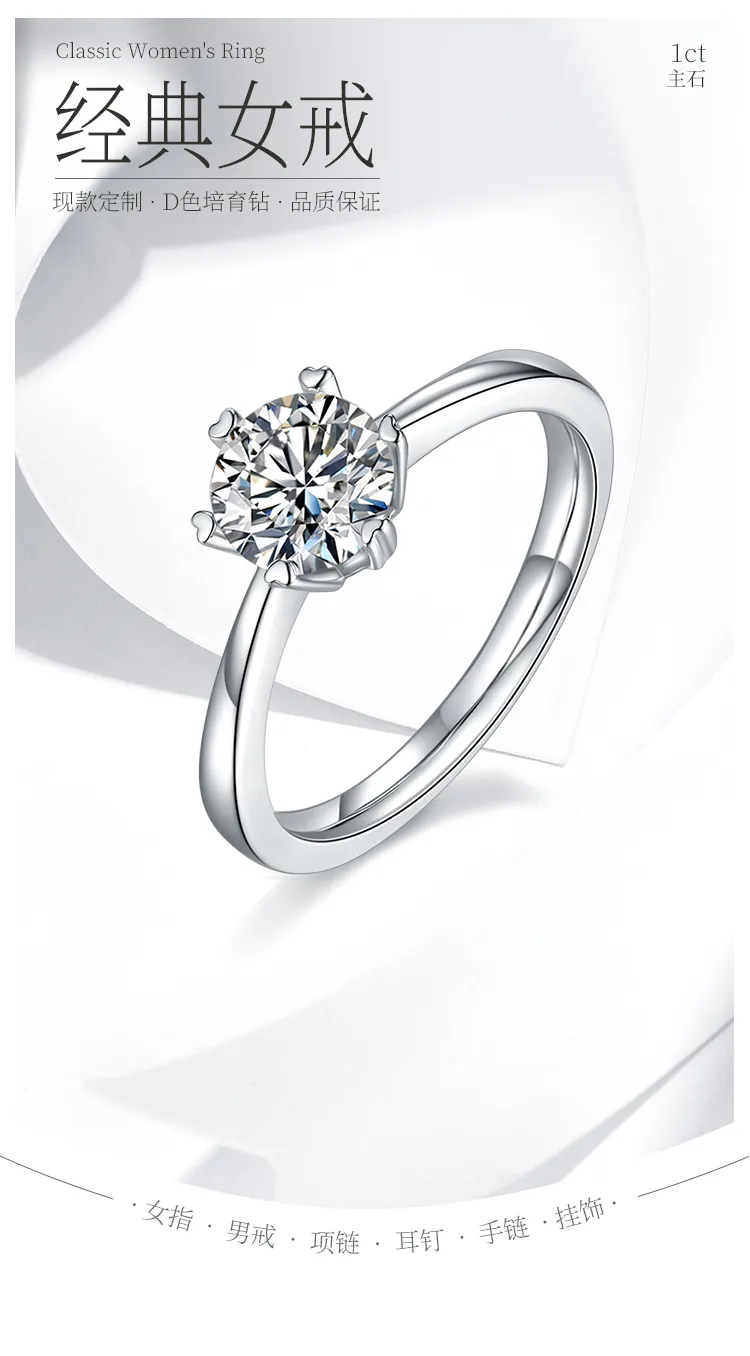 Straight-Band Classic Six-Prong S925 White-Gold-Plated Silver Lab-Grown Diamond 