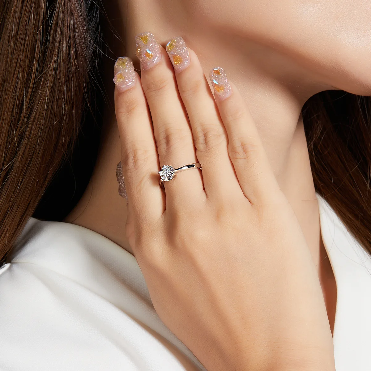 Straight-Band Classic Six-Prong S925 White-Gold-Plated Silver Lab-Grown Diamond Proposal Ring Women's Ring 1ct D