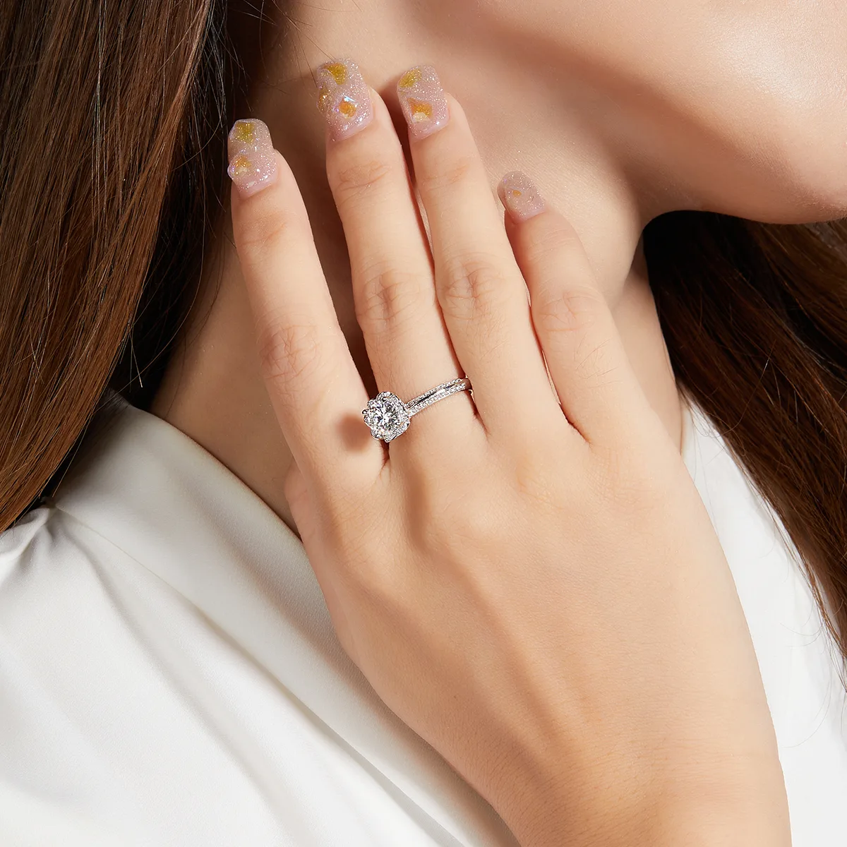Straight-Band Luxury Pavé Heart Flower S925 White-Gold-Plated Silver Lab-Grown Diamond Wedding Band Women's Ring 1ct D