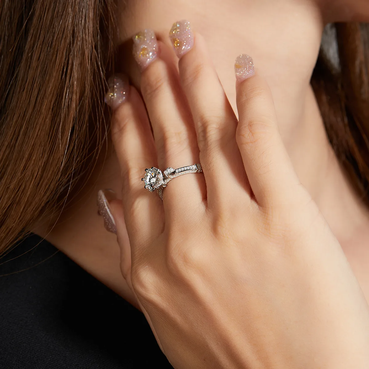 S925 White-Gold-Plated Silver Moissanite Engagement Ring Women's Ring 1ct D