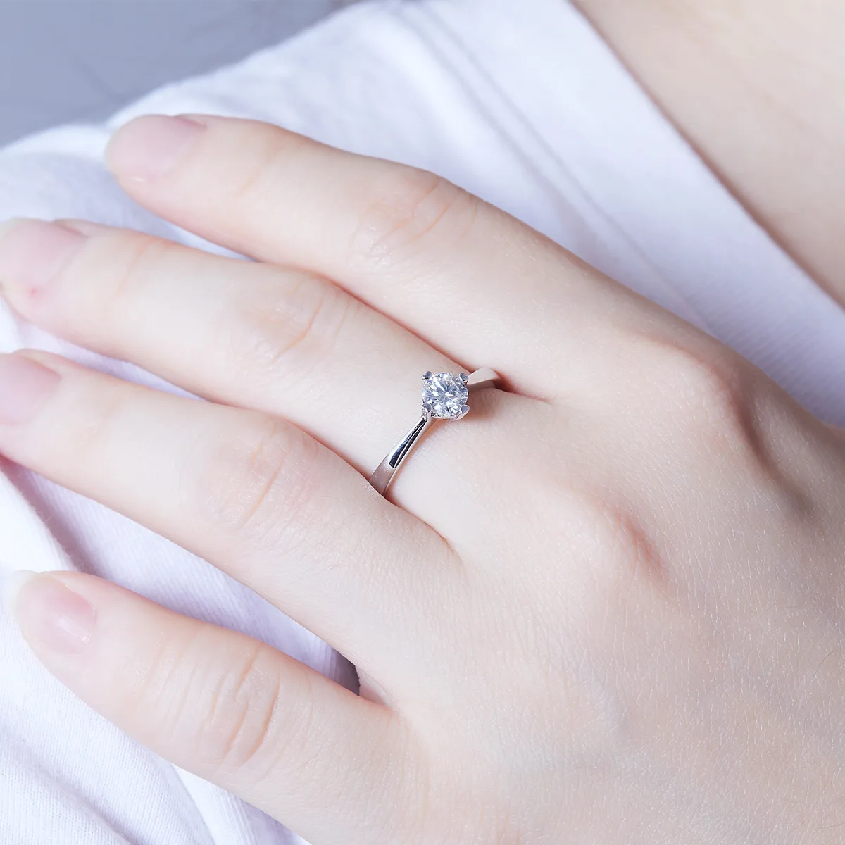 Straight-Band S925 White-Gold-Plated Silver Lab-Grown Diamond Engagement Ring Women's Ring 0.5ct D