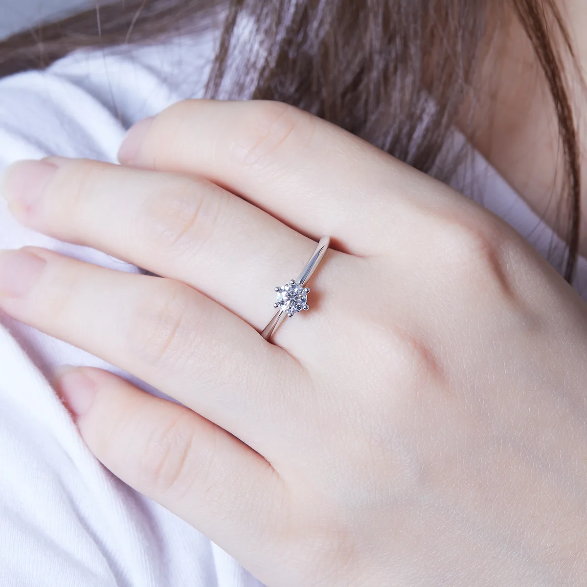 Straight-Band Classic T Six-Prong S925 White-Gold-Plated Silver Lab-Grown Diamond Engagement Ring Women's Ring 0.5ct D