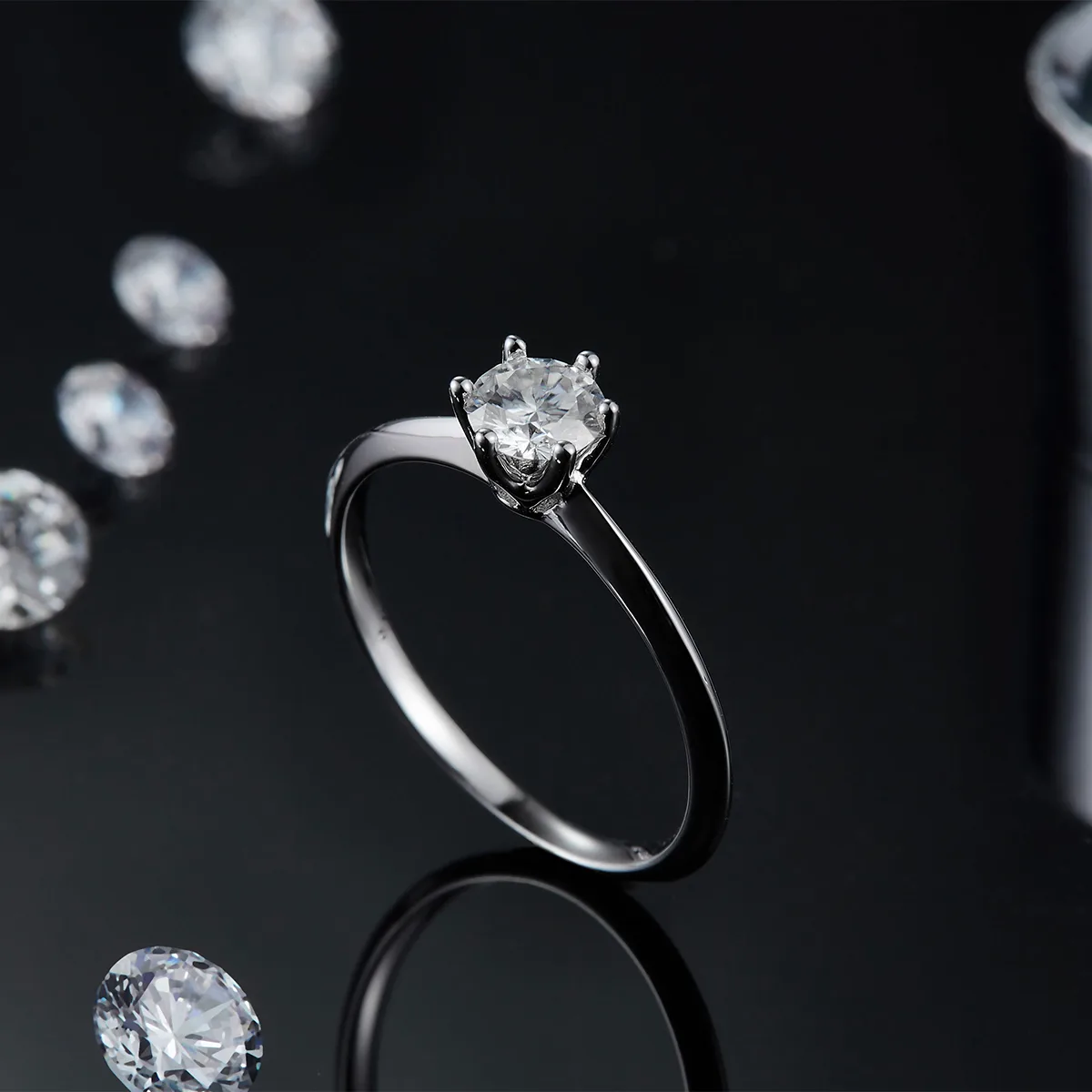 Straight-Band Classic T Six-Prong S925 White-Gold-Plated Silver Lab-Grown Diamond Engagement Ring Women's Ring 0.5ct D