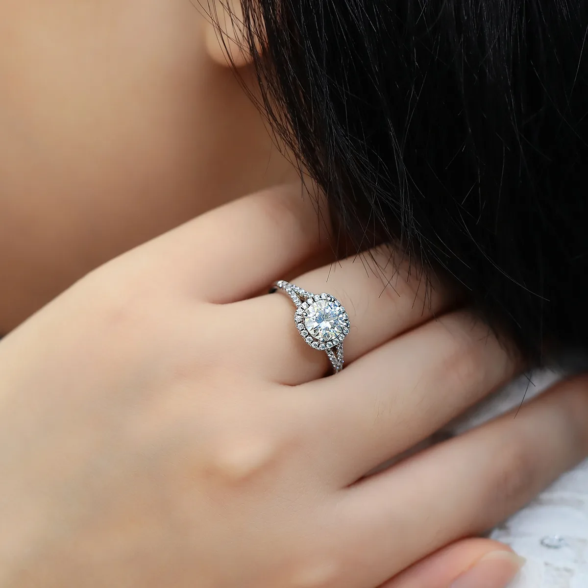 Double-Band Square Bezel S925 White-Gold-Plated Silver Lab-Grown Diamond Engagement Ring Women's Ring 1.5ct D