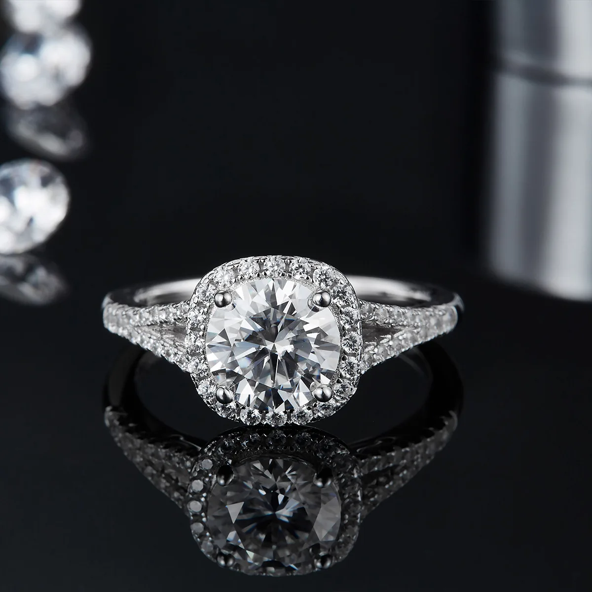 Double-Band Square Bezel S925 White-Gold-Plated Silver Lab-Grown Diamond Engagement Ring Women's Ring 1.5ct D