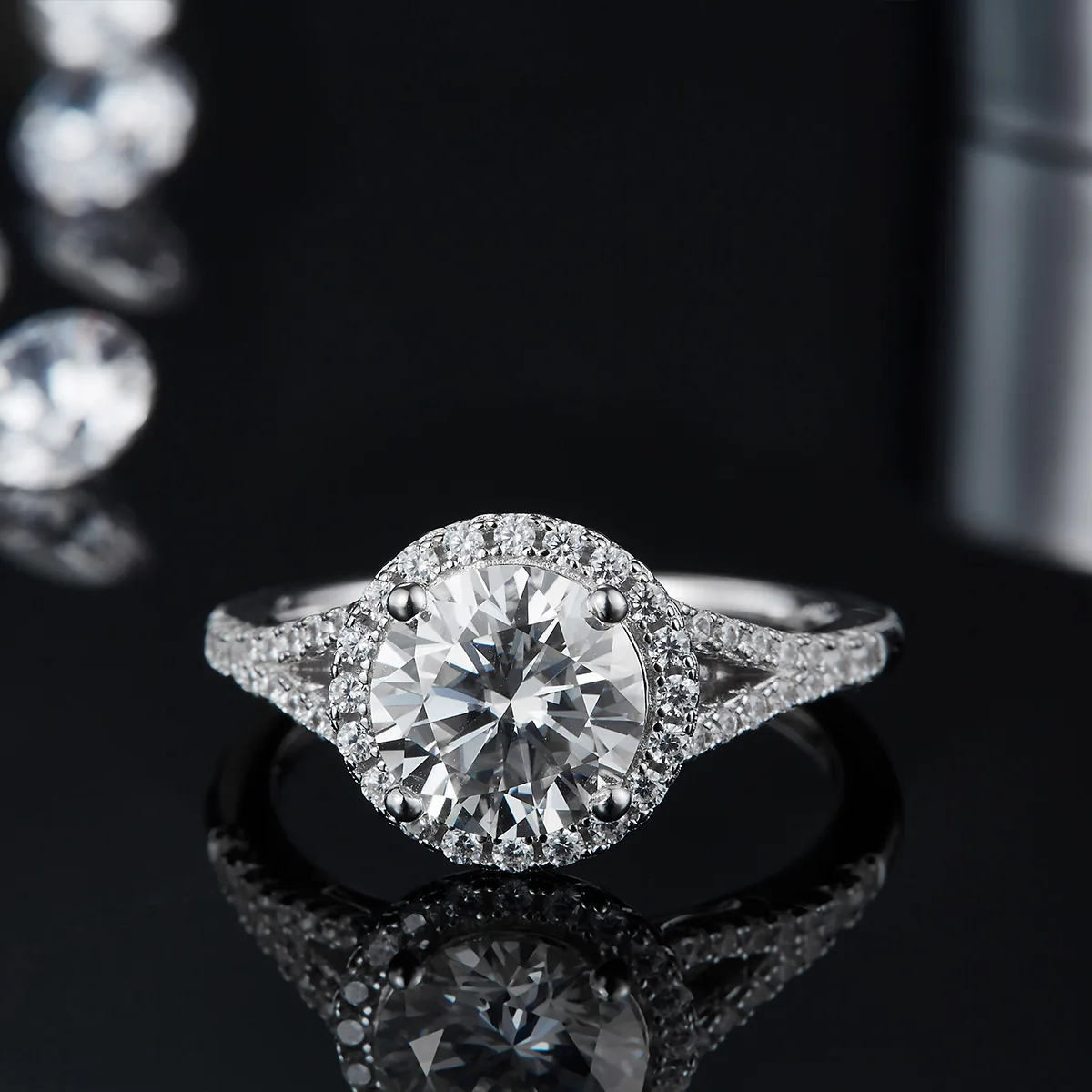Double-Band Round Bezel S925 White-Gold-Plated Silver Lab-Grown Diamond Engagement Ring Women's Ring 2.0ct D
