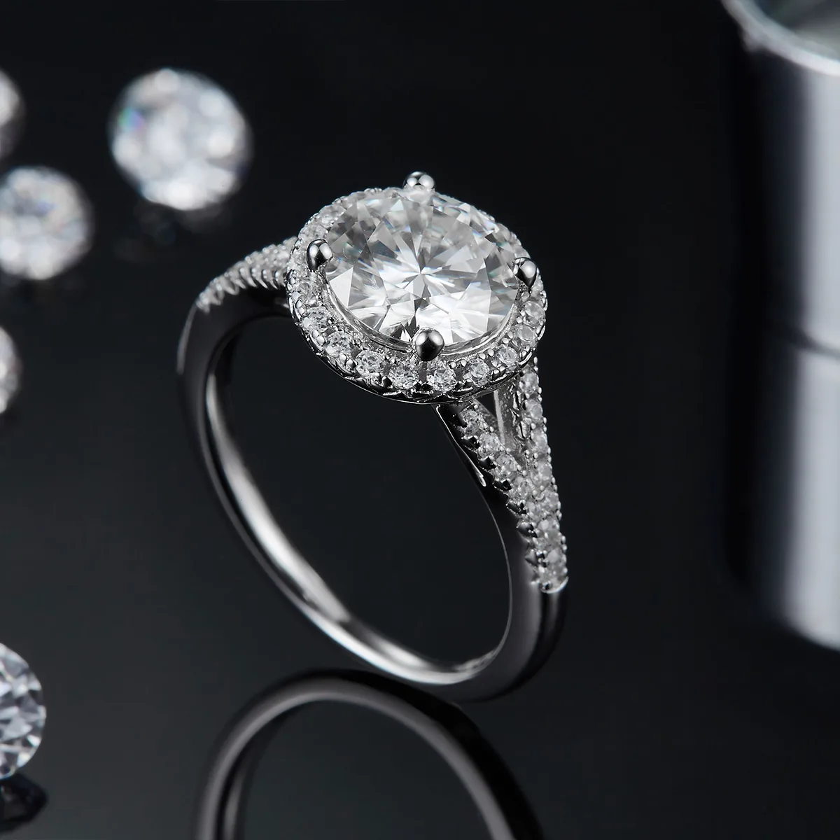 Double-Band Round Bezel S925 White-Gold-Plated Silver Lab-Grown Diamond Engagement Ring Women's Ring 2.0ct D
