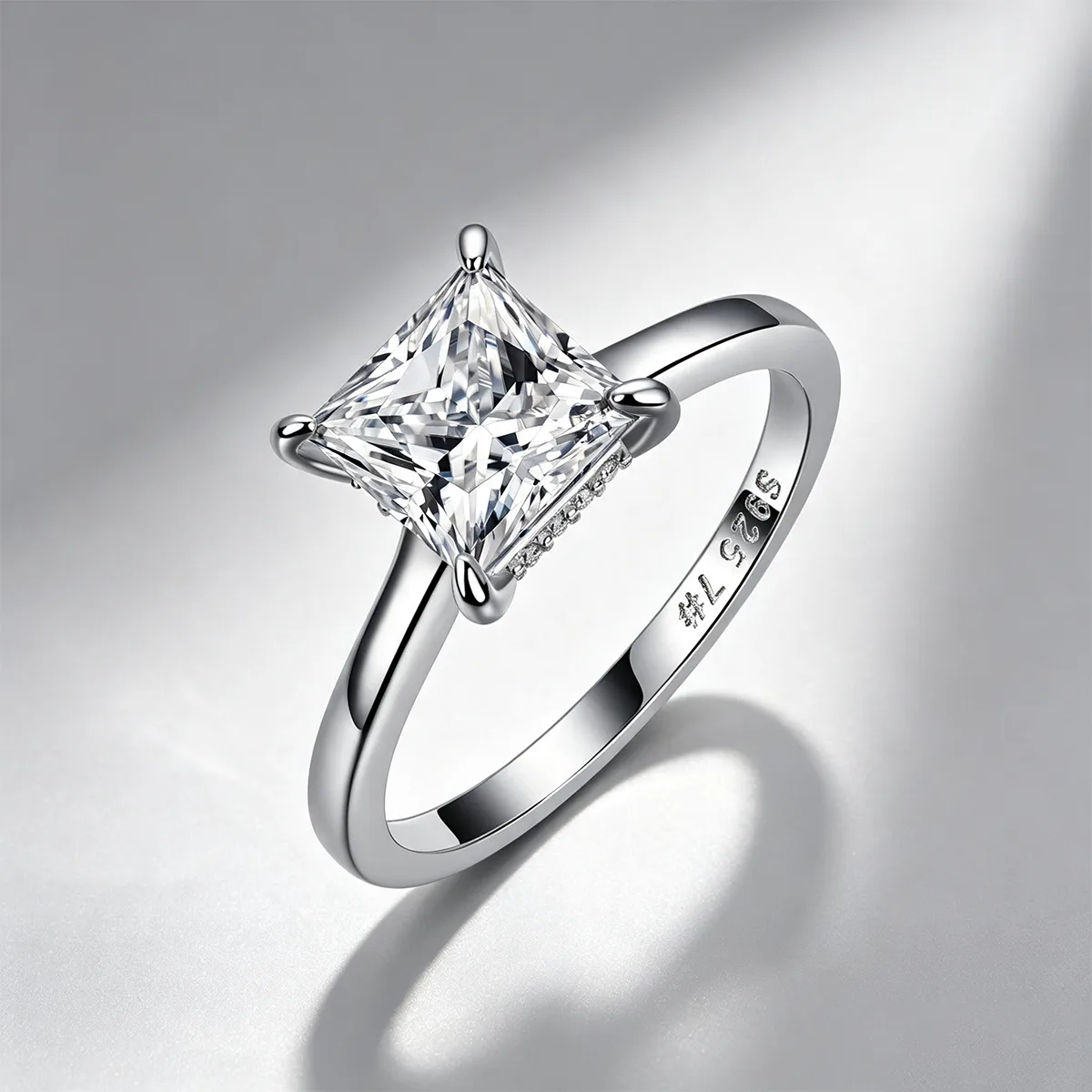 R52601Z S925 Silver 18K White Gold Princess Moissanite Side-Pave Plain Band Wedding Ring 3.1ct