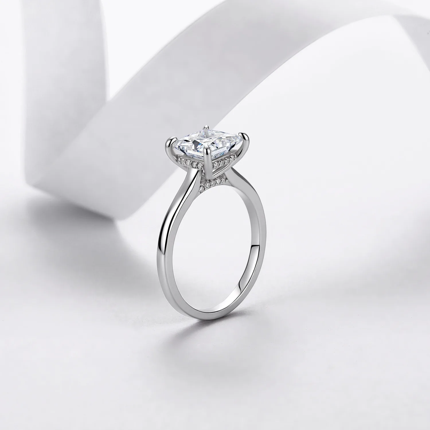R52601Z S925 Silver 18K White Gold Princess Moissanite Side-Pave Plain Band Wedding Ring 3.1ct