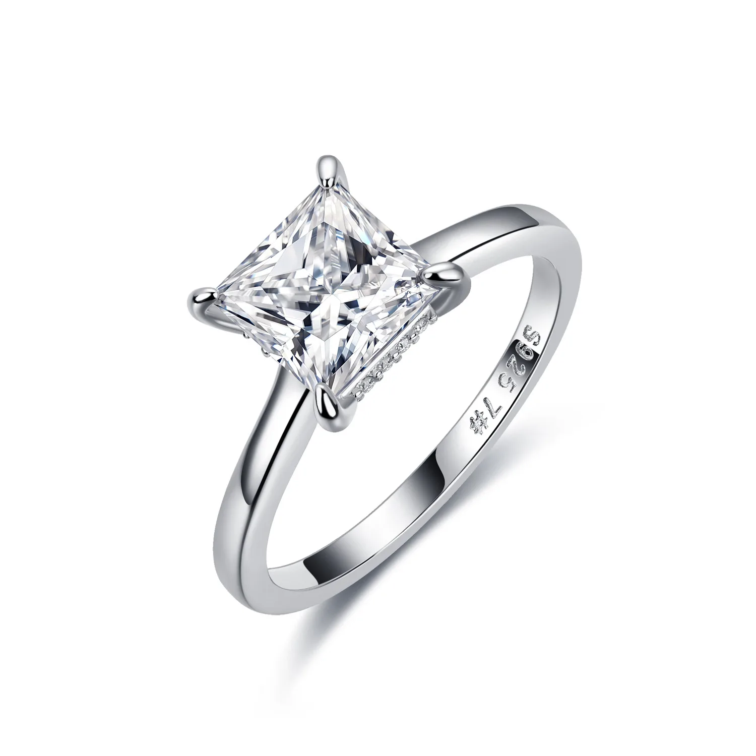 R52601Z S925 Silver 18K White Gold Princess Moissanite Side-Pave Plain Band Wedding Ring 3.1ct