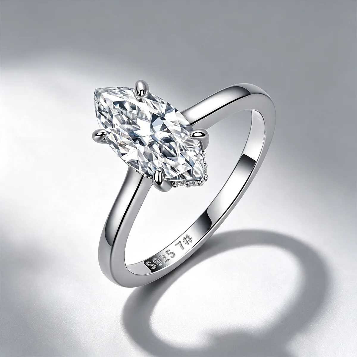 R52601M S925 Silver 18K White Gold Marquise Moissanite Side-Pave Plain Band Wedding Ring 3.15ct