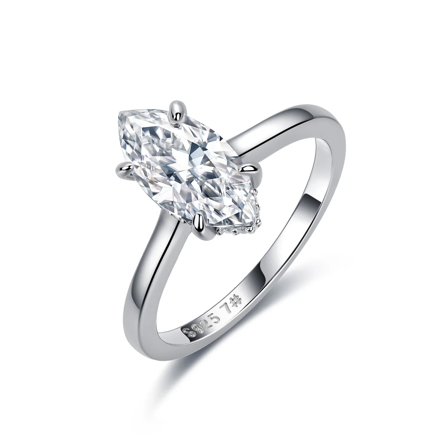 R52601M S925 Silver 18K White Gold Marquise Moissanite Side-Pave Plain Band Wedding Ring 3.15ct