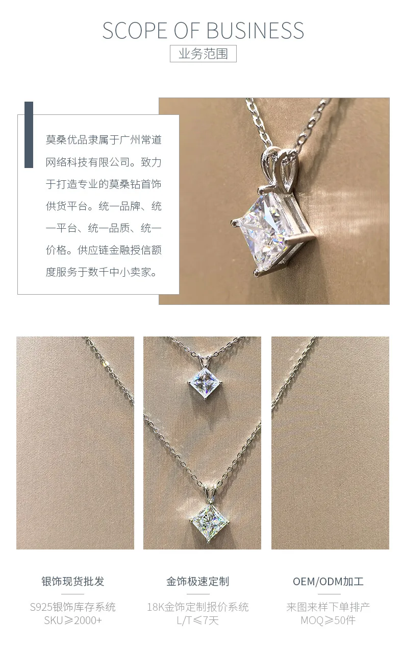 N52537G S925 Silver 18K White Gold Princess Moissanite Small Necklace Center Sto