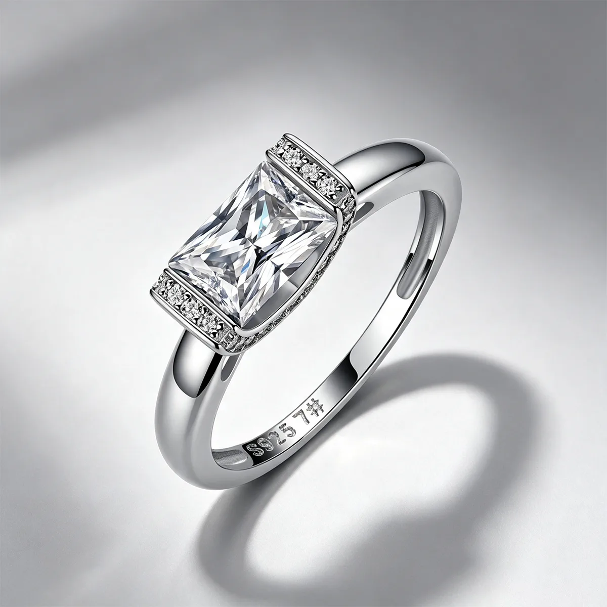 R52608 S925 Silver 18K White Gold Radiant Cut Moissanite Halo Engagement Ring 1.15ct