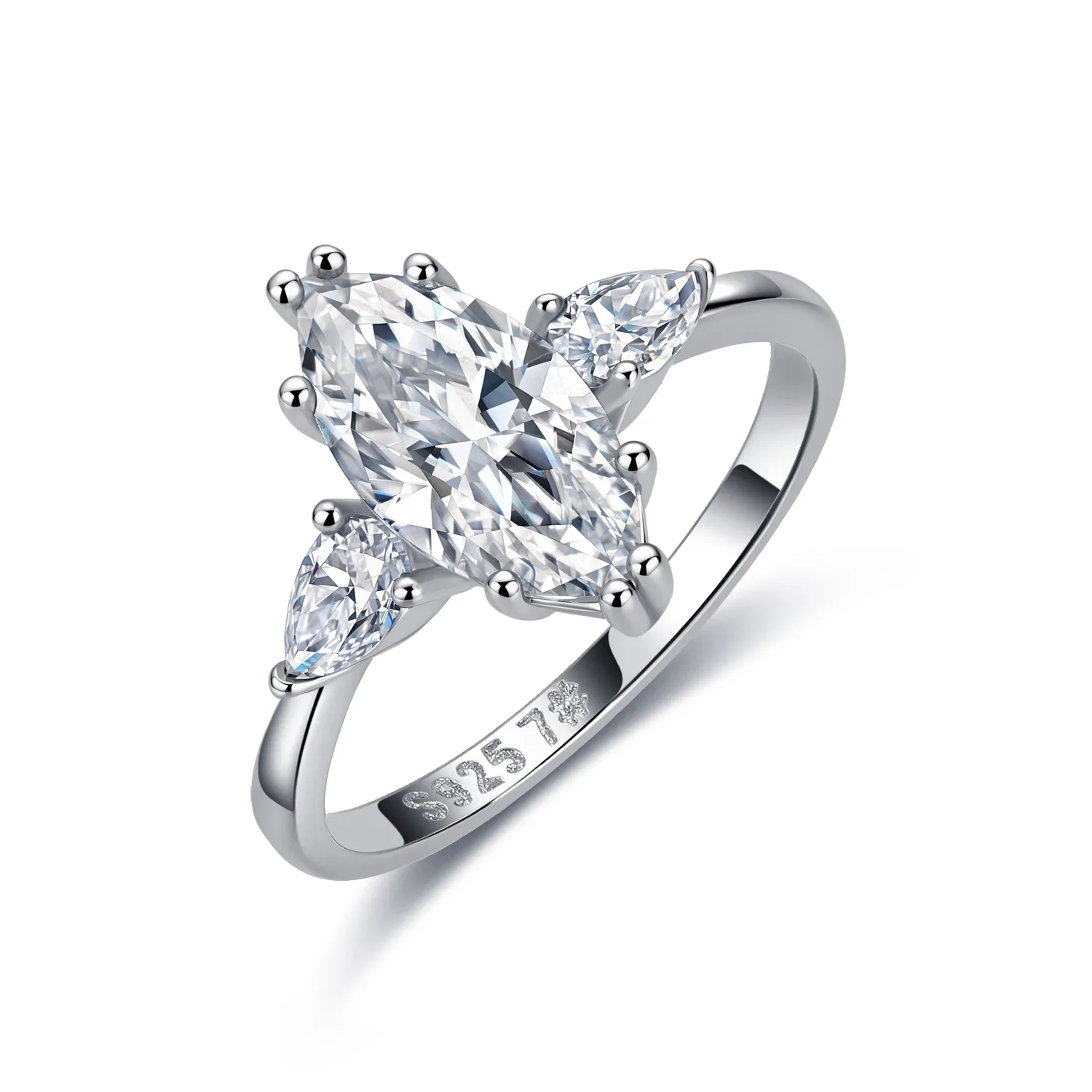 R52581 S925 Silver 18K White Gold Marquise Moissanite Three-Stone Delicate Wedding Band 2.7ct
