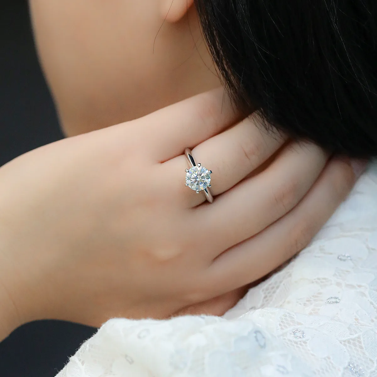 Plain Band T Six-Prong S925 White-Gold-Plated Silver Lab-Grown Diamond Proposal Ring Women's Ring 3.0ct D