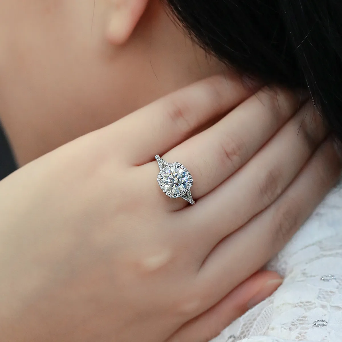 Double-Band Square Bezel S925 White-Gold-Plated Silver Lab-Grown Diamond Wedding Band Women's Ring 3.0ct D