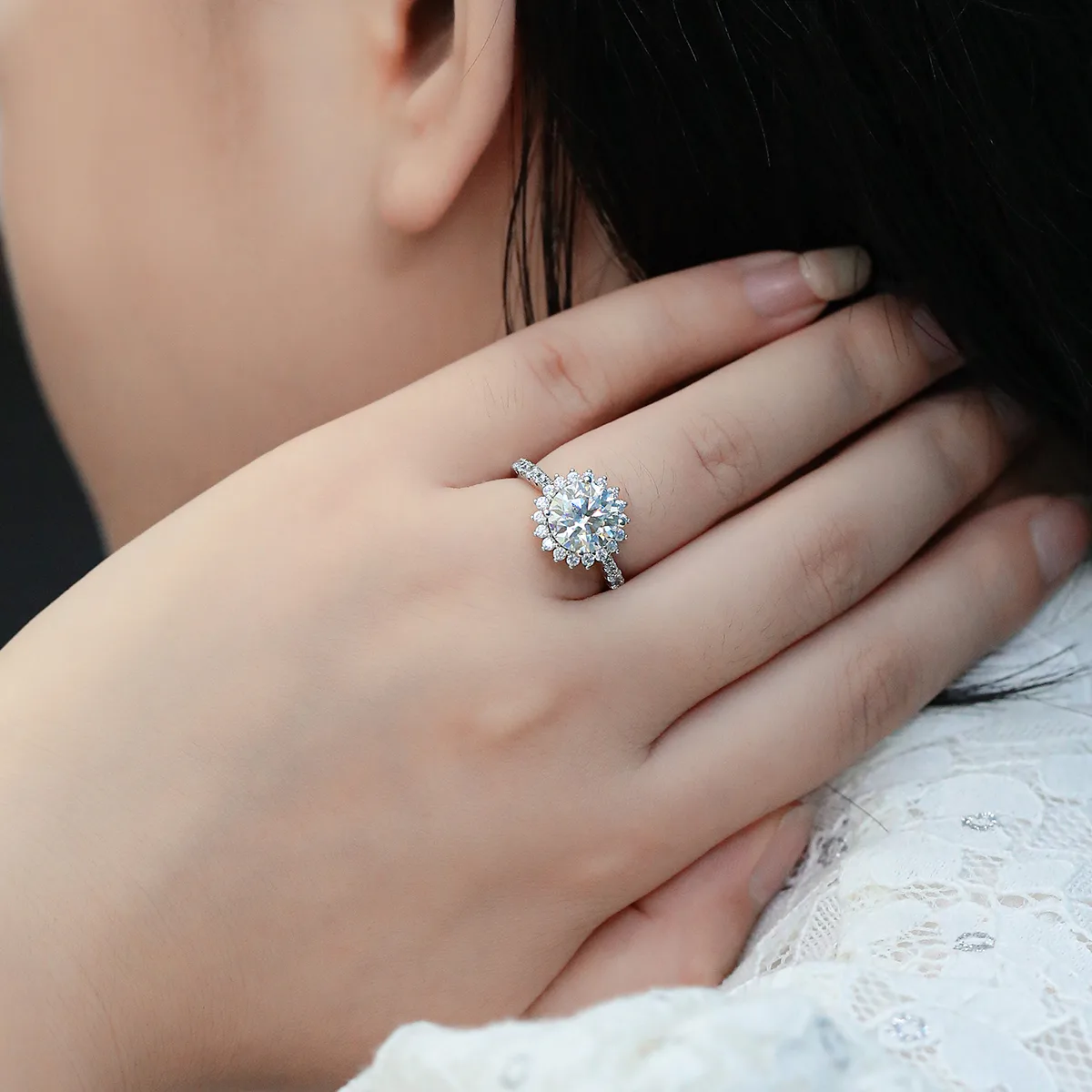 Sunflower S925 White-Gold-Plated Silver Lab-Grown Diamond Wedding Band Women's Ring 3.0ct D