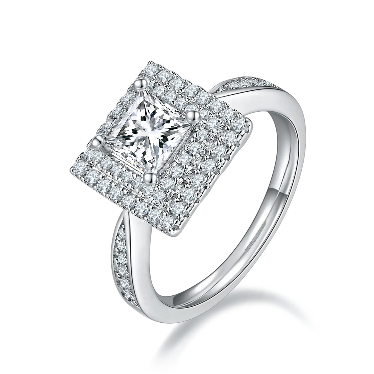 Luxury Pavé Square S925 White-Gold-Plated Silver Moissanite Proposal Ring Women's Ring 1.0ct D - P93E