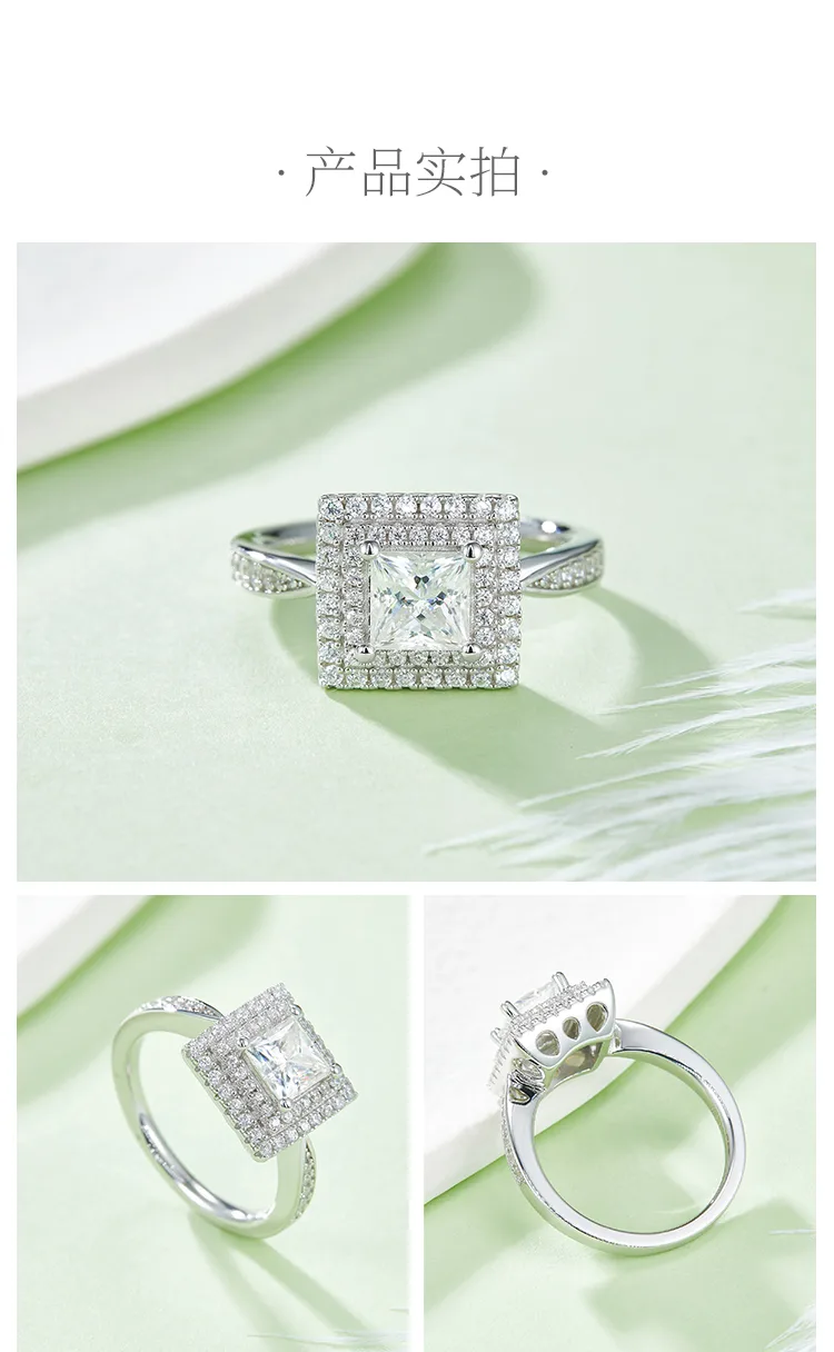 Luxury Pavé Square S925 White-Gold-Plated Silver Moissanite Proposal Ring Women