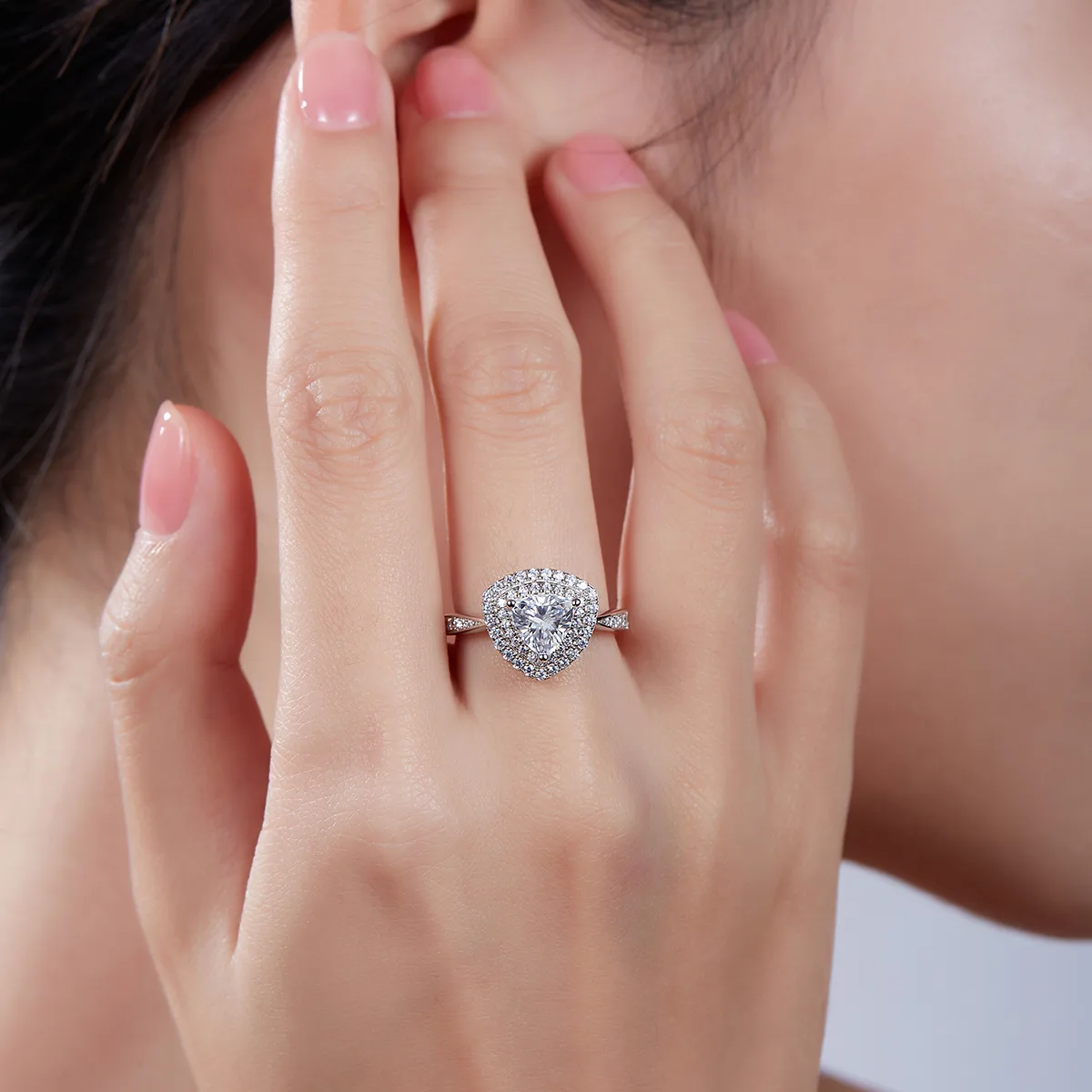 Luxury Pavé Trilliant S925 White-Gold-Plated Silver Lab-Grown Diamond Engagement Ring Women's Ring 1.0ct D
