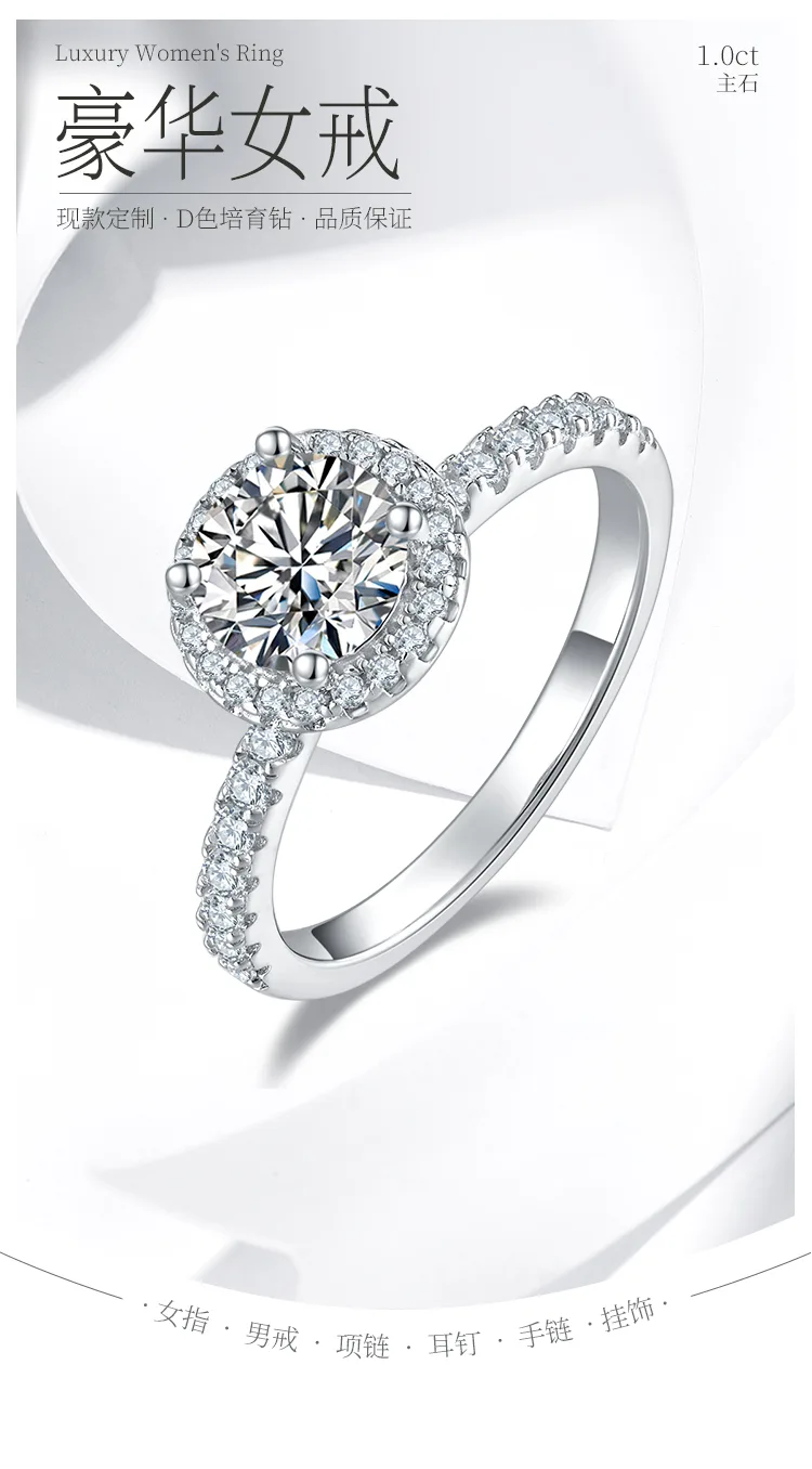 Light Luxury Round S925 White-Gold-Plated Silver Lab-Grown Diamond Proposal Ring