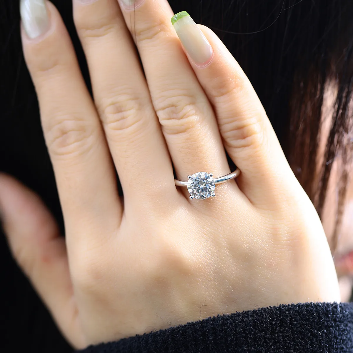 Classic Round S925 White-Gold-Plated Silver Lab-Grown Diamond Proposal Ring Women's Ring 2.0ct D
