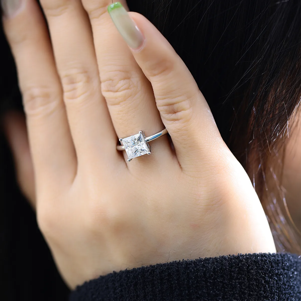 Classic Square S925 White-Gold-Plated Silver Lab-Grown Diamond Engagement Ring Women's Ring 2.0ct D
