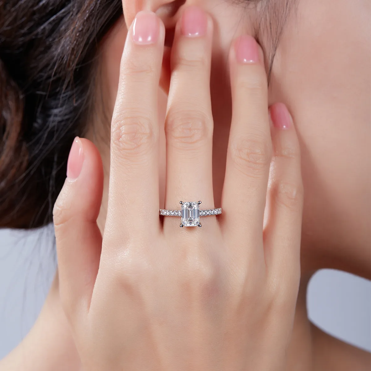 Micro-Pavé Rectangle S925 White-Gold-Plated Silver Lab-Grown Diamond Engagement Ring Women's Ring 2.0ct D