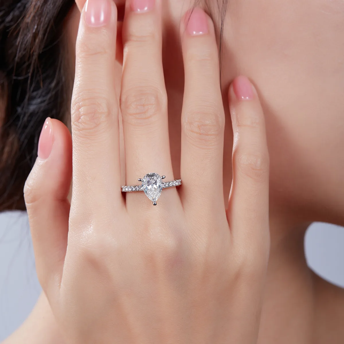Micro-Pavé Pear S925 White-Gold-Plated Silver Lab-Grown Diamond Proposal Ring Women's Ring 2.0ct D