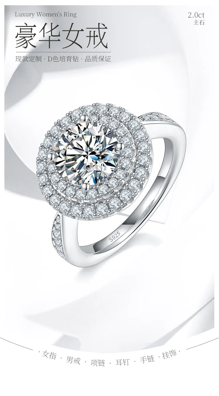 Luxury Pavé Round S925 White-Gold-Plated Silver Lab-Grown Diamond Proposal Ring 
