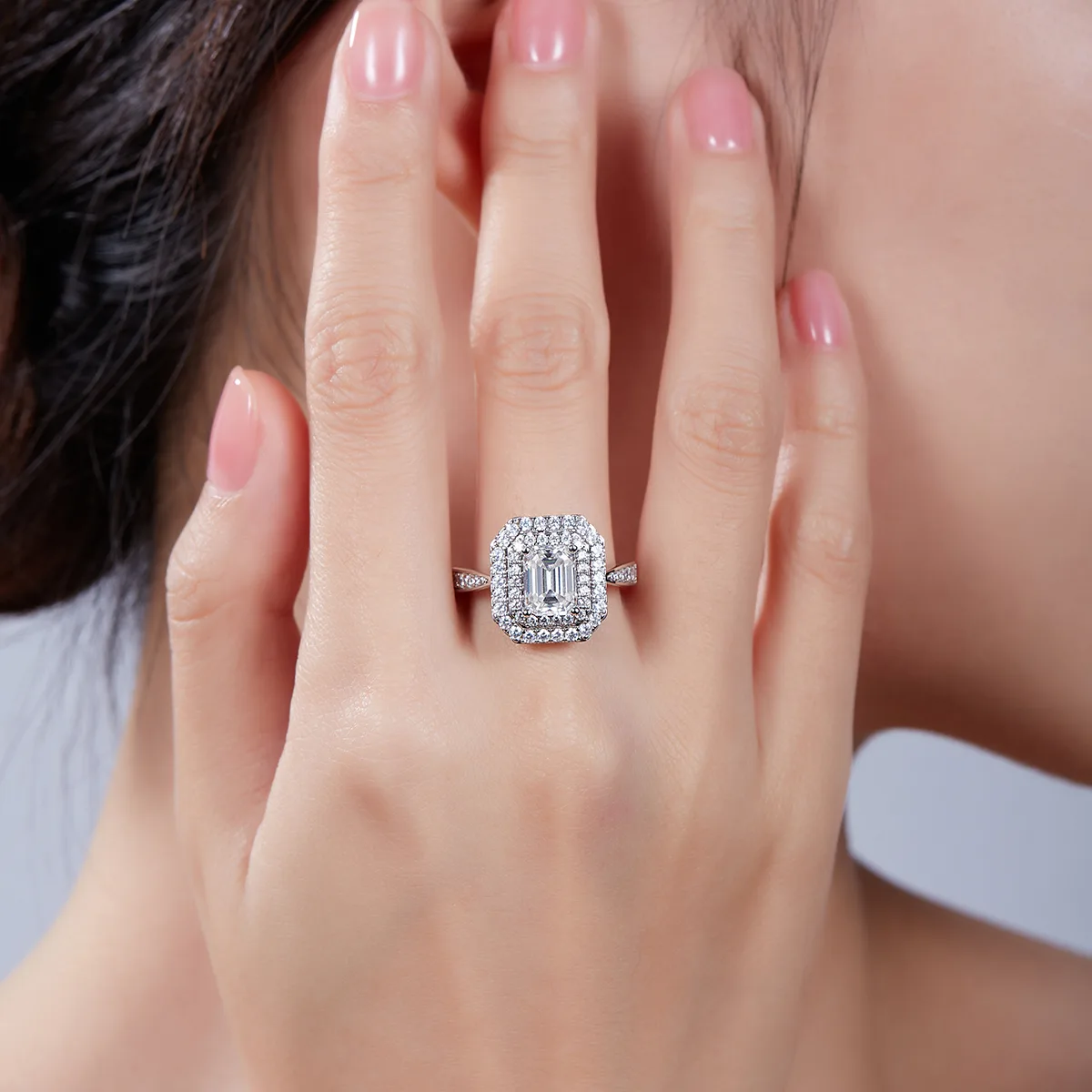 Luxury Pavé Rectangle S925 White-Gold-Plated Silver Lab-Grown Diamond Wedding Band Women's Ring 2.0ct D