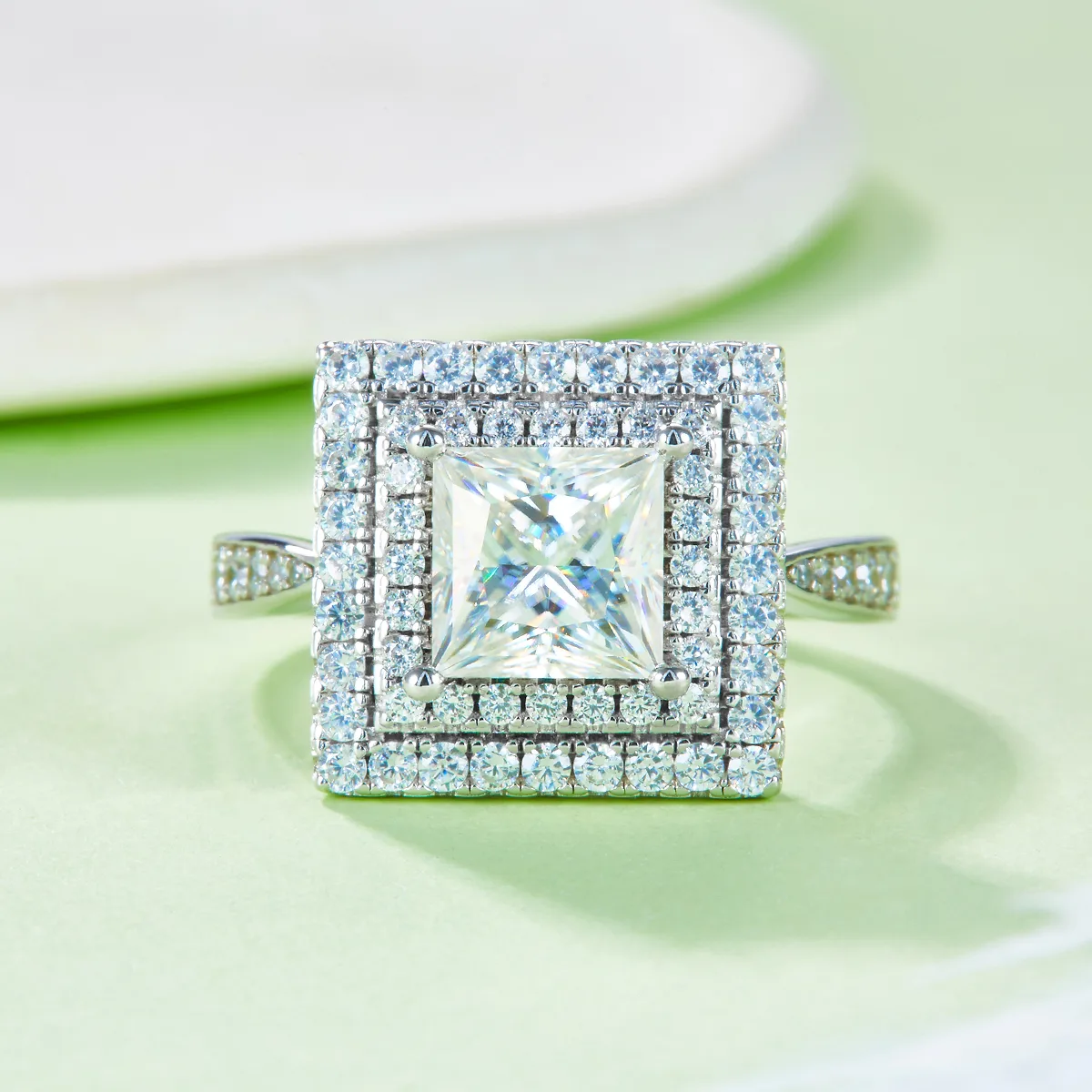Luxury Pavé Square S925 White-Gold-Plated Silver Moissanite Wedding Band Women's Ring 2.0ct D