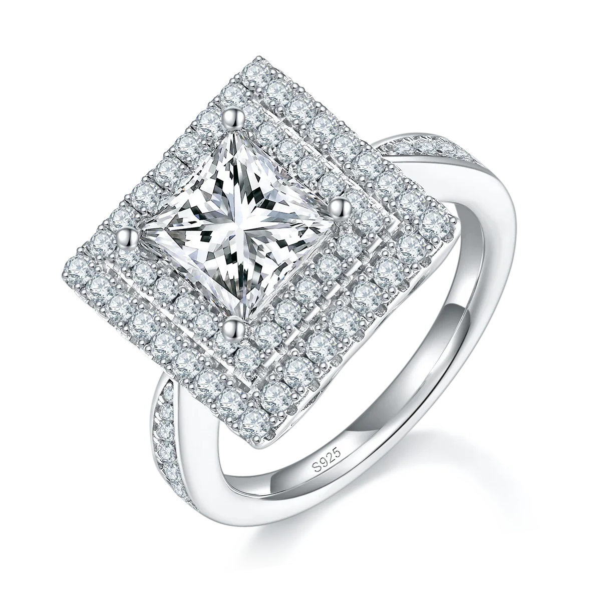 Luxury Pavé Square S925 White-Gold-Plated Silver Lab-Grown Diamond Wedding Band Women's Ring 2.0ct D