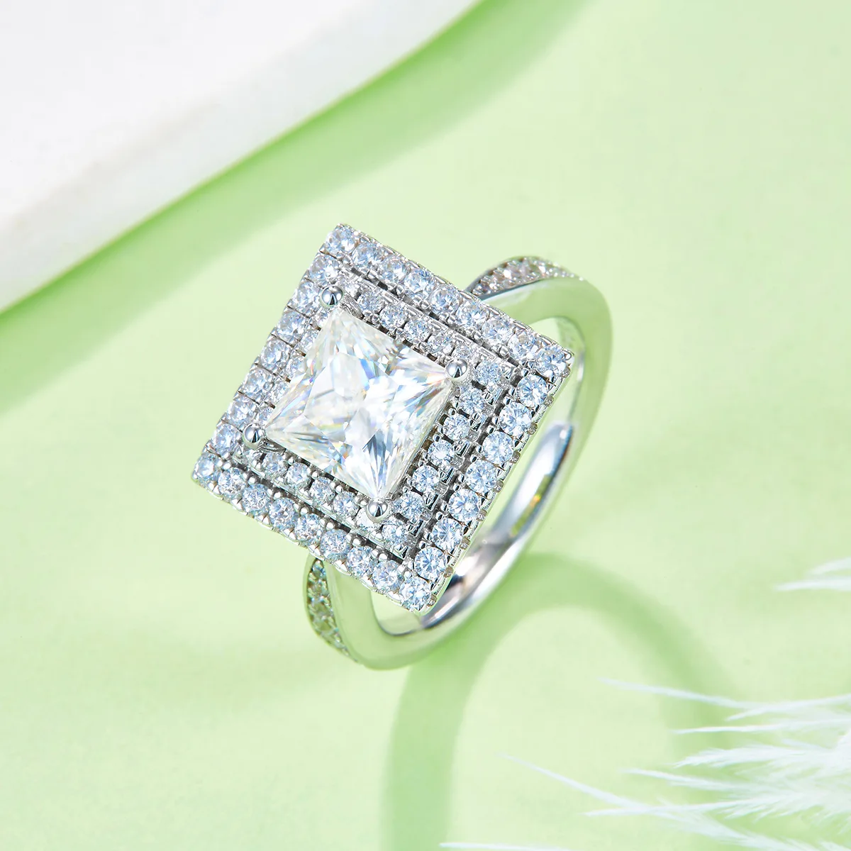 Luxury Pavé Square S925 White-Gold-Plated Silver Moissanite Wedding Band Women's Ring 2.0ct D
